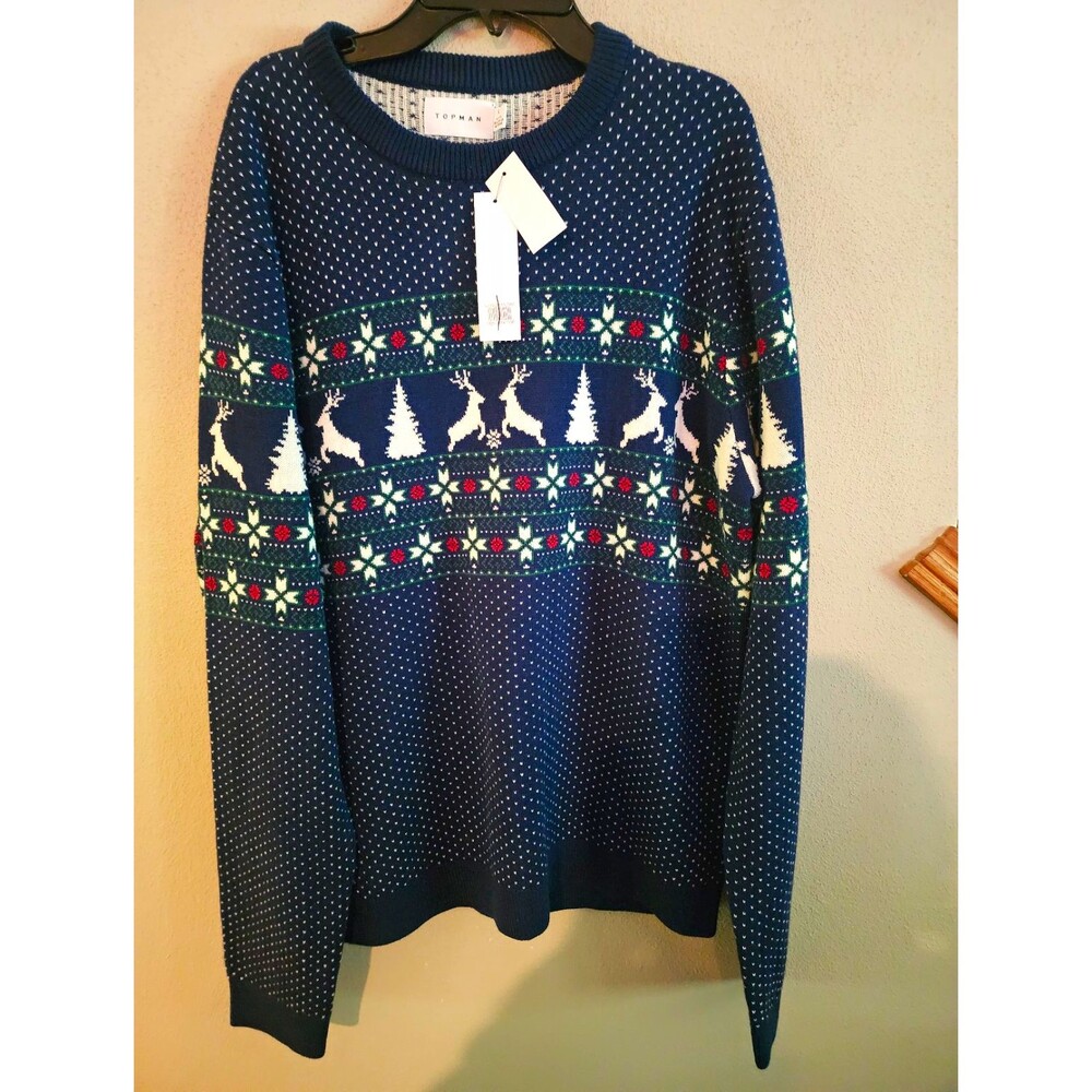 TOPMAN Mens L Blue Fair Isle Reindeer Holiday Crewneck Knit Pullover Sweater NWT